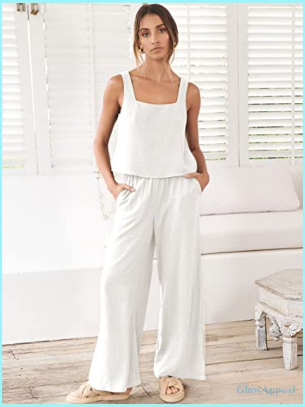 Linen 2 Piece Outfit Jumpsuit Lounge Set Square Neck Crop Top Wide Leg Pants - Picture 2 of 7
